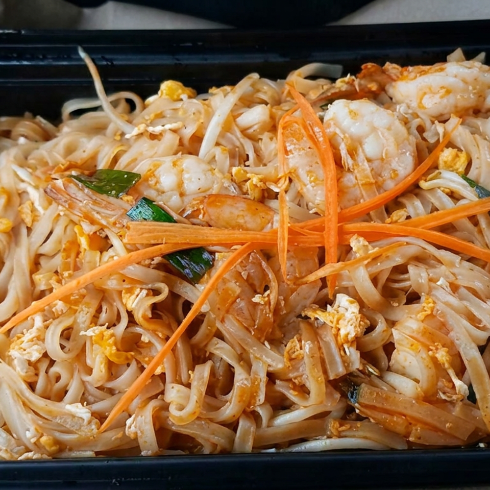 Thai-style pad thai noodles with shrimp, scrambled egg, bean sprouts, carrots, and lime wedge in a black takeout tray.