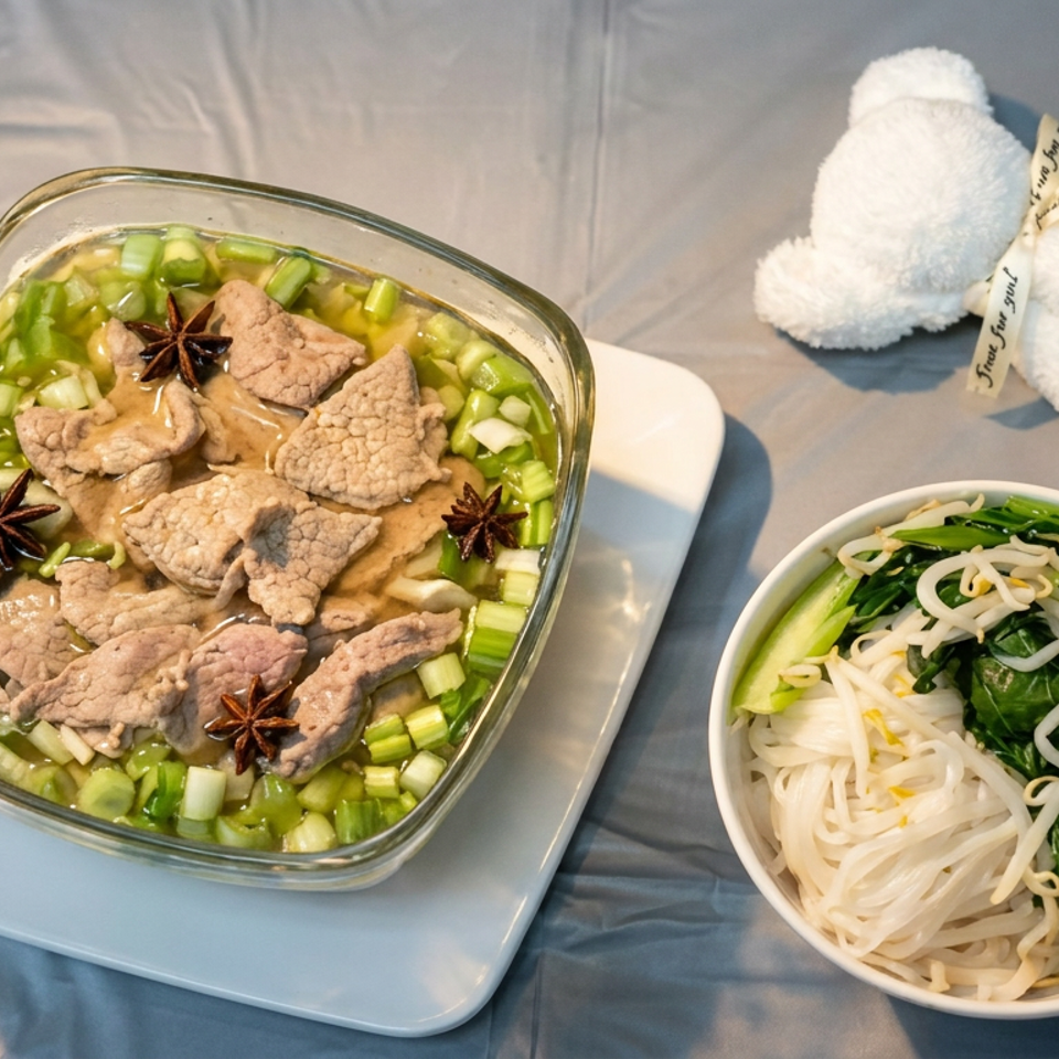 Thai pork soup with celery and star anise beside a bowl of noodles, bean sprouts, and greens.