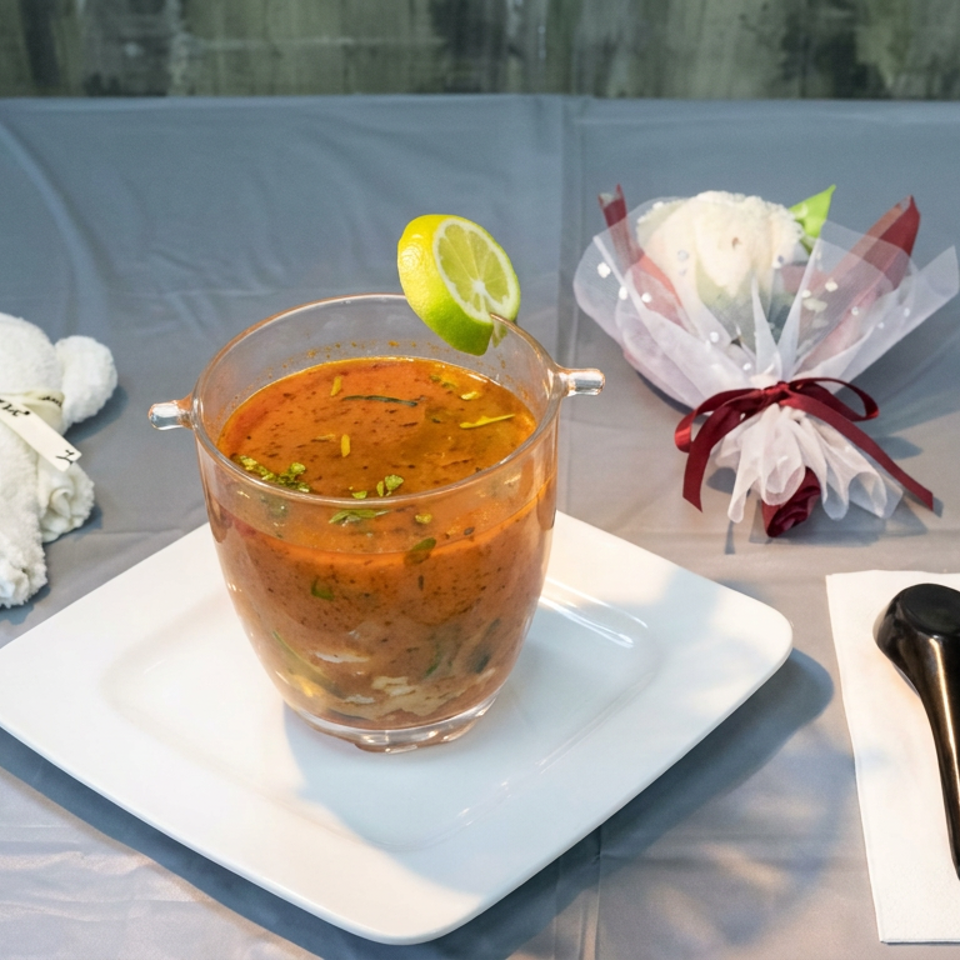 A glass bowl of orange soup garnished with herbs and lime sits on a white plate, accompanied by chopsticks, spoon, towels, and a wrapped dessert.