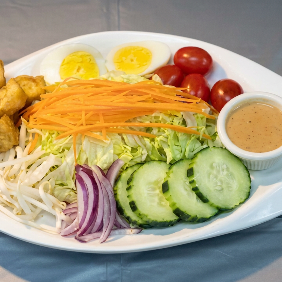 White plate of salad with lettuce, shredded carrots, cucumber, bean sprouts, tomatoes, eggs, tofu, and dipping sauce.