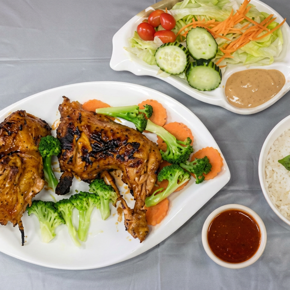 Grilled chicken with steamed broccoli and carrots, white rice garnished with basil, salad, and dipping sauces on a table.